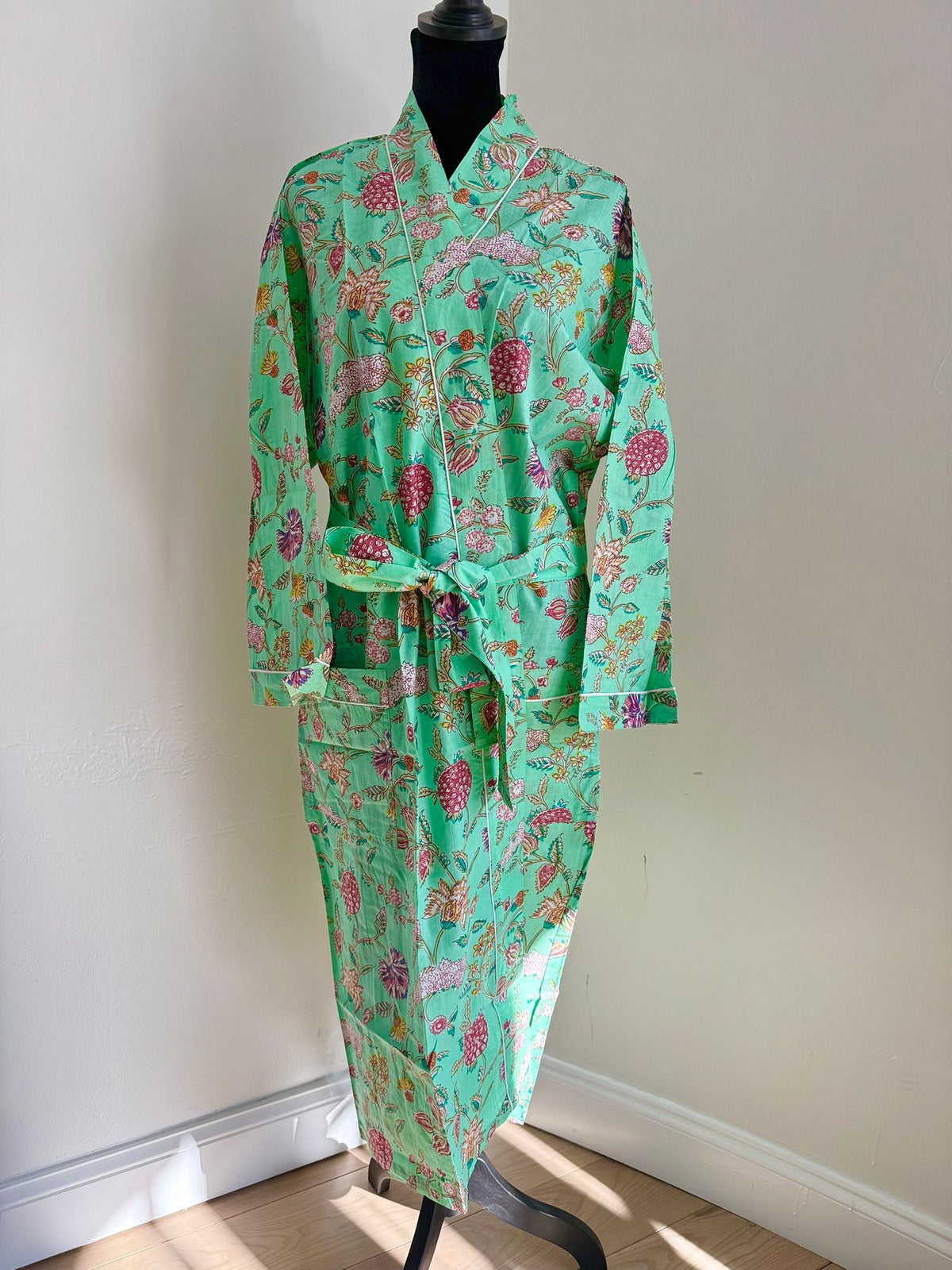 Mint Green & Magenta Floral Print Cotton Kimono | Traditional Block Print Spa Wrap & Lounge Robe