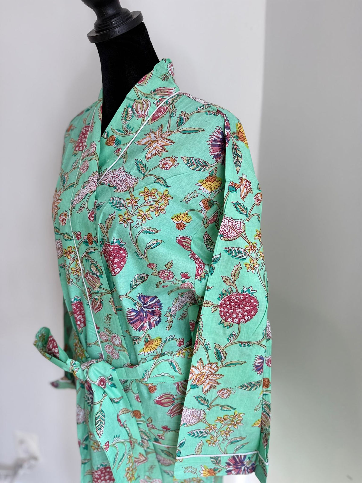 Mint Green & Magenta Floral Print Cotton Kimono | Traditional Block Print Spa Wrap & Lounge Robe