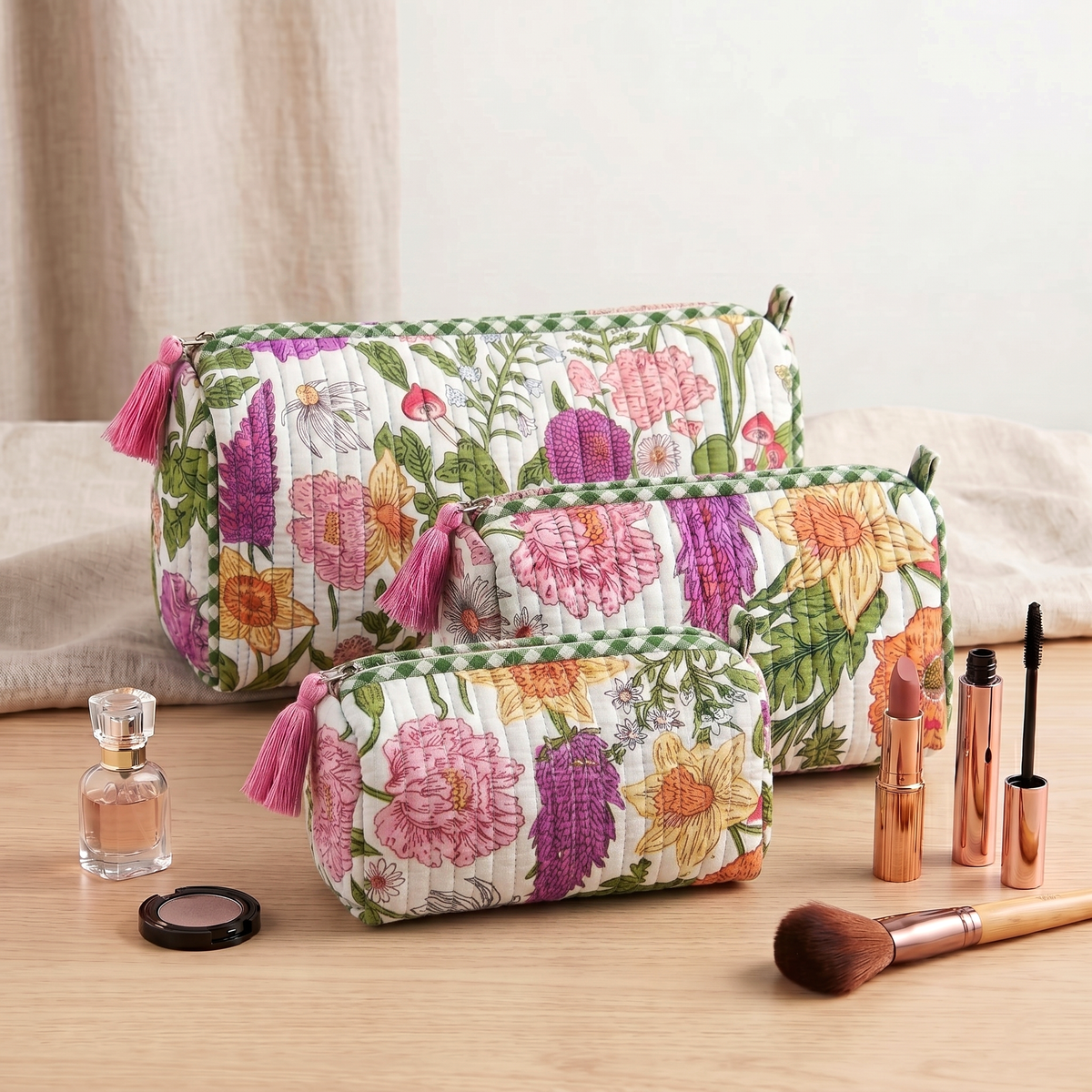 Set Of 3 Makeup Bag, Panna Meadow Botanical Print Cotton Travel Case, Quilted Cosmetic Storage Bag Set