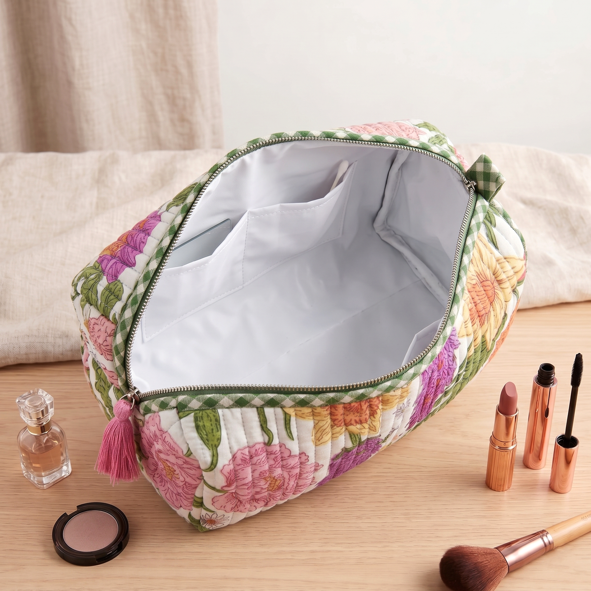 Set Of 3 Makeup Bag, Panna Meadow Botanical Print Cotton Travel Case, Quilted Cosmetic Storage Bag Set