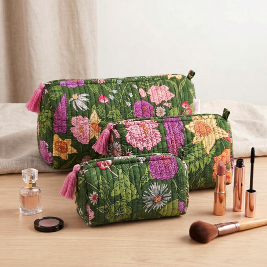 Set Of 3 Makeup Bag, Panna Meadow Botanical Print Cotton Travel Case, Quilted Cosmetic Storage Bag Set