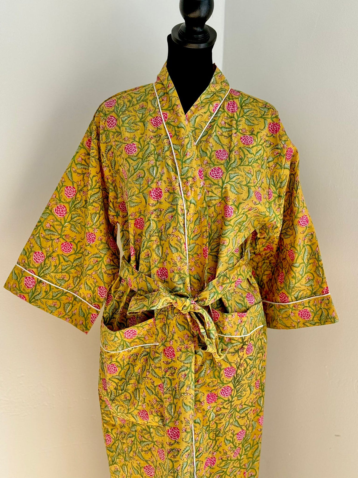 Mustard Yellow & Pink Block Print Cotton Kimono | Floral Motif Lounge Robe & Bohemian Sleepwear
