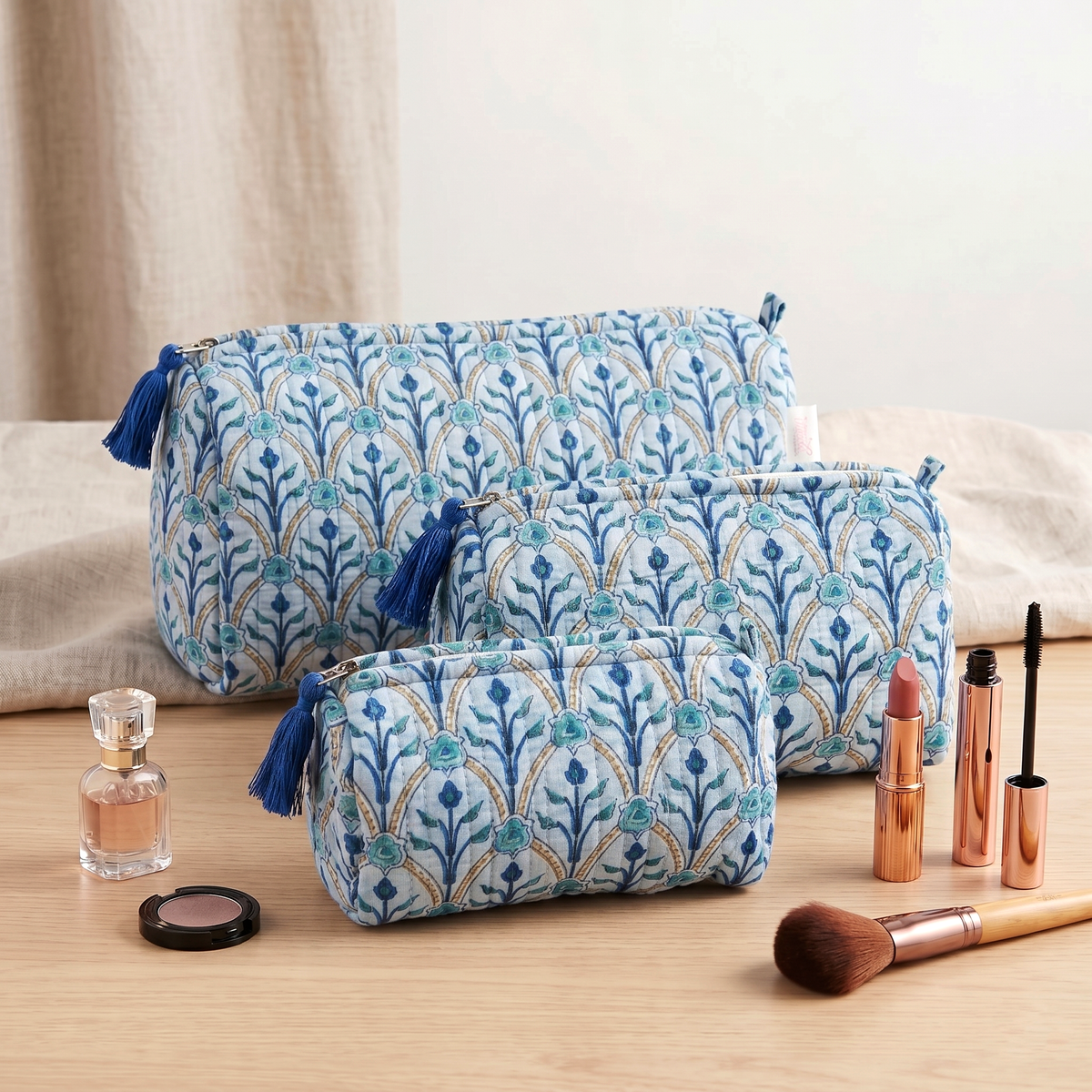 Set Of 3 Makeup Bag, Zahra Arch Floral Block Print Cotton Travel Case, Quilted Cosmetic Storage Bag Set