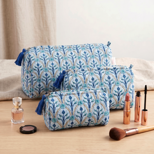 Set Of 3 Makeup Bag, Zahra Arch Floral Block Print Cotton Travel Case, Quilted Cosmetic Storage Bag Set