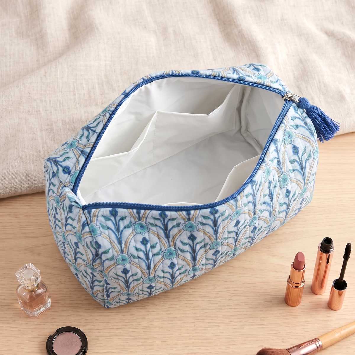 Set Of 3 Makeup Bag, Zahra Arch Floral Block Print Cotton Travel Case, Quilted Cosmetic Storage Bag Set