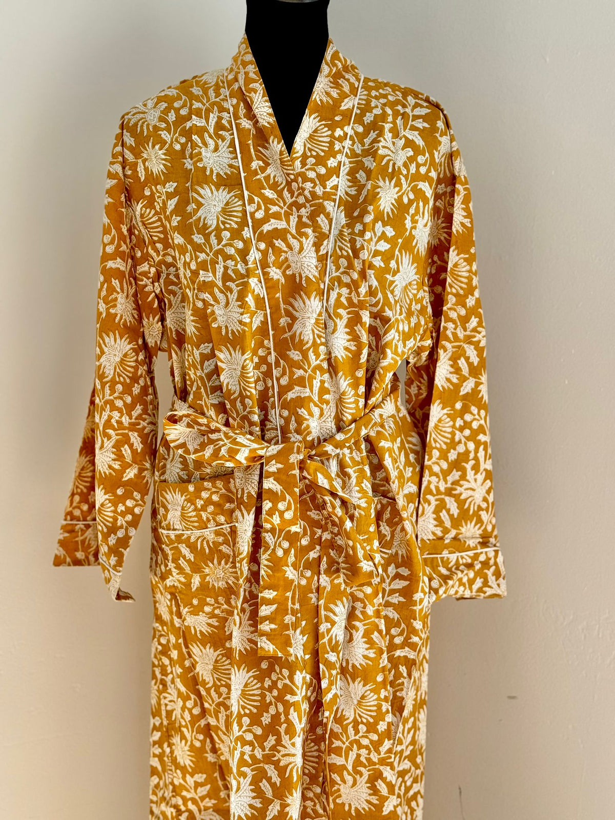 Mustard Brown & Ivory Floral Block Print Kimono | Cotton Botanical Wrap Bathrobe & Lounge Robe