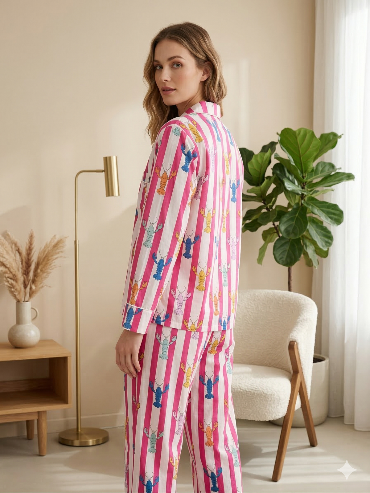 Pink Stripe & Multi-Color Lobster Print Cotton Pajama Set, Coastal Seafood Sleepwear & Loungewear