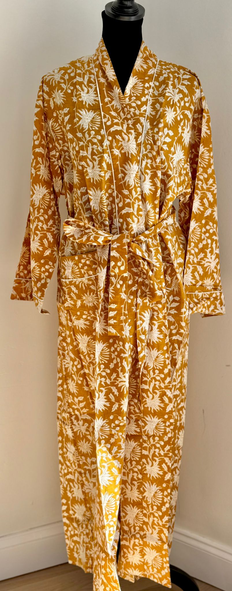 Mustard Brown & Ivory Floral Block Print Kimono | Cotton Botanical Wrap Bathrobe & Lounge Robe