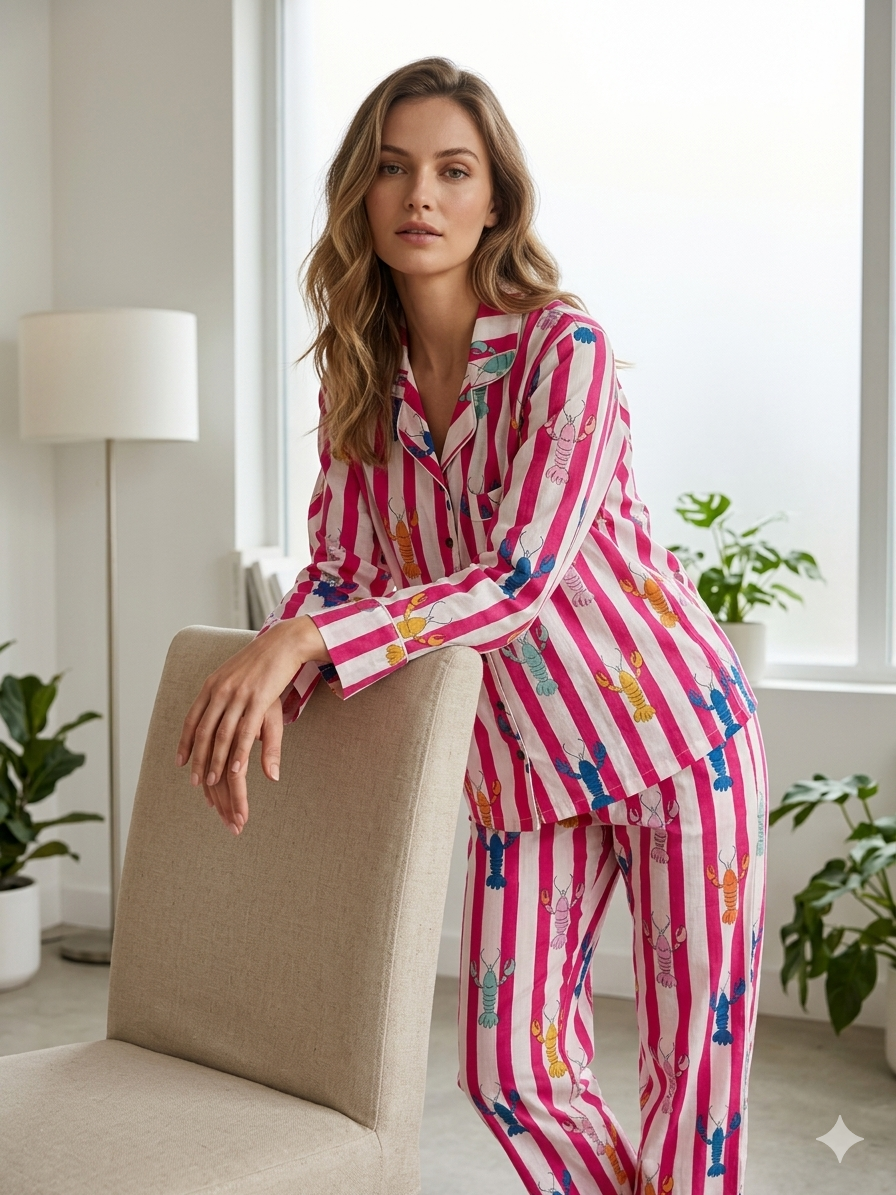 Pink Stripe & Multi-Color Lobster Print Cotton Pajama Set, Coastal Seafood Sleepwear & Loungewear