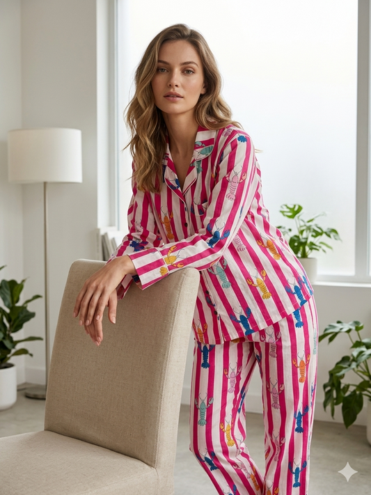 Pink Stripe & Multi-Color Lobster Print Cotton Pajama Set, Coastal Seafood Sleepwear & Loungewear