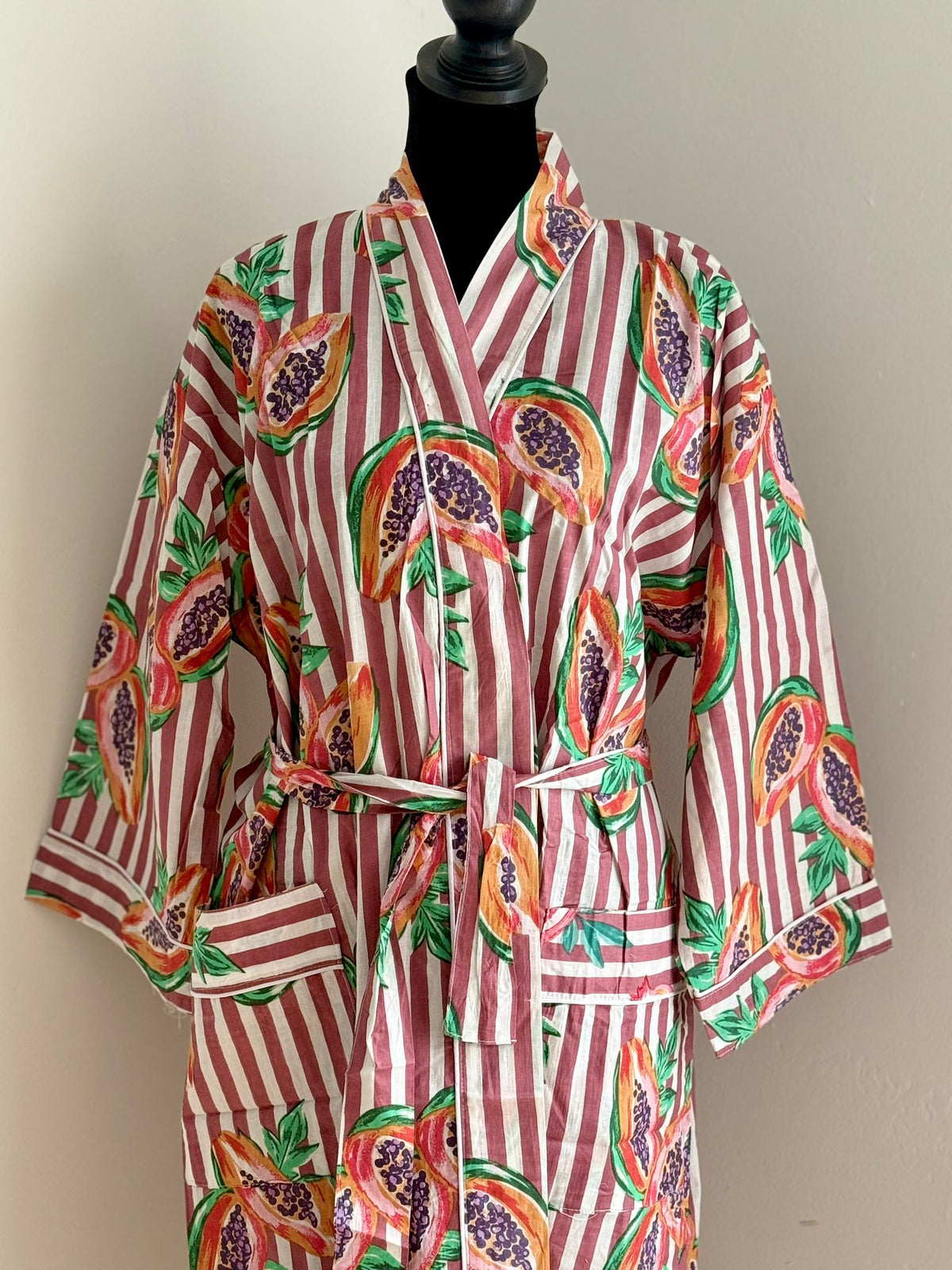 Slate Grey & White Stripe Cotton Kimono | Pomegranate Motif Block Print Spa Robe