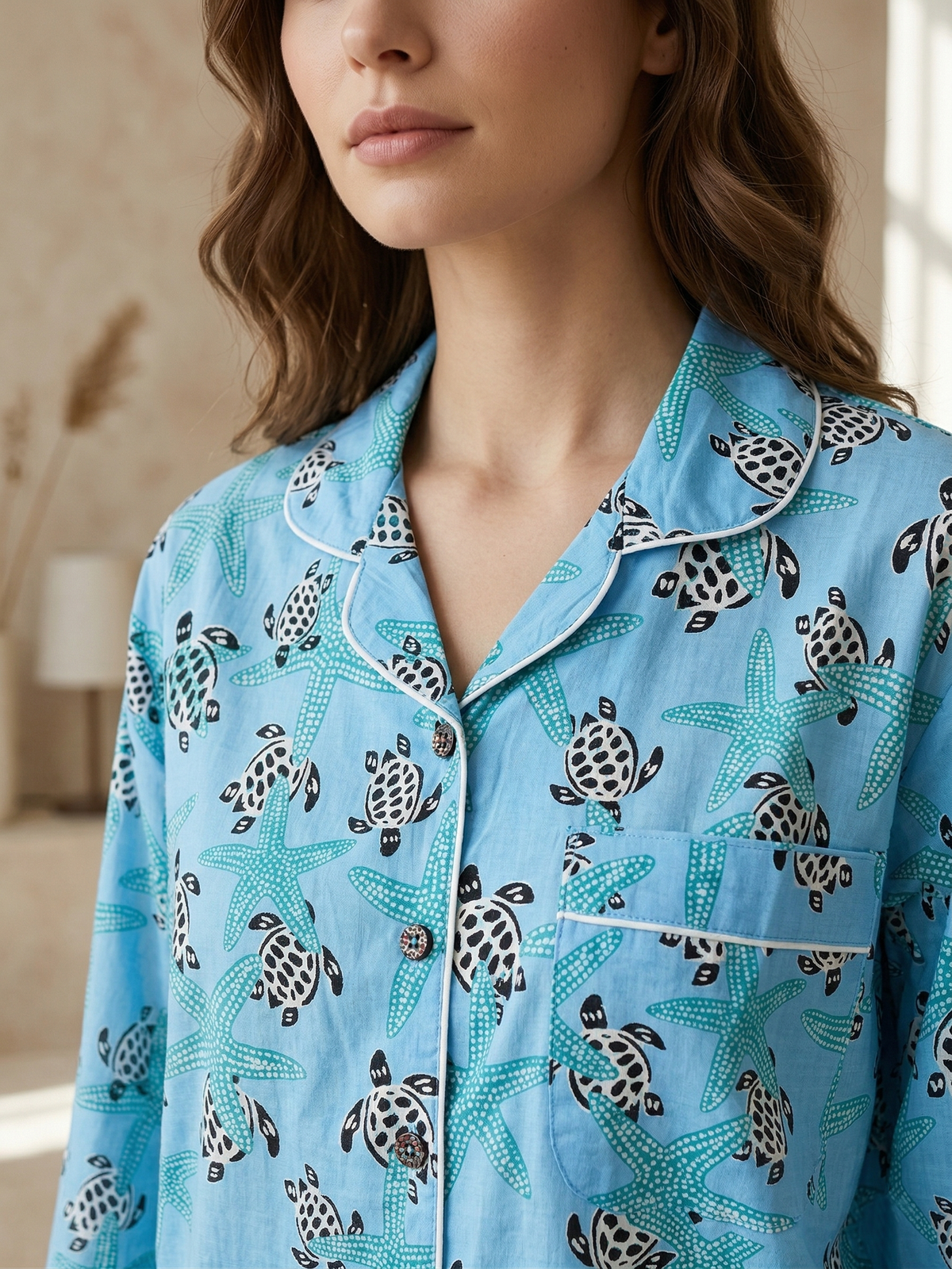 Sky Blue Sea Turtle & Starfish Print Cotton Pajama Set, Oceanic Coastal Sleepwear & Loungewear