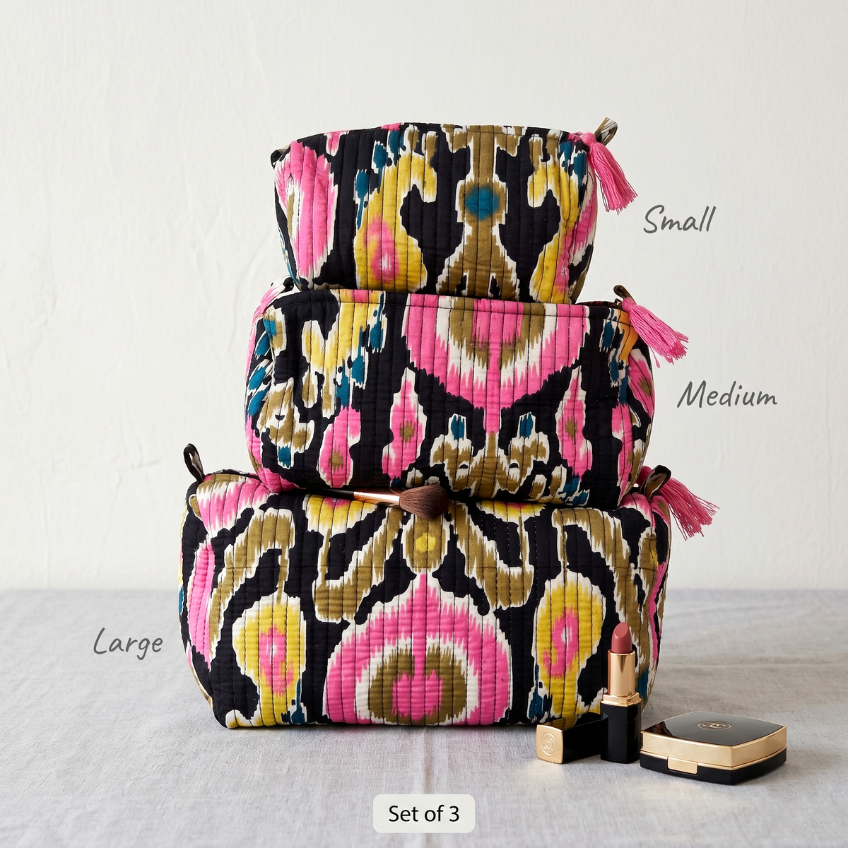 Set Of 3 Makeup Bag, Bandhani Chevron Print Cotton Travel Case, Quilted Cosmetic Storage Bag Set