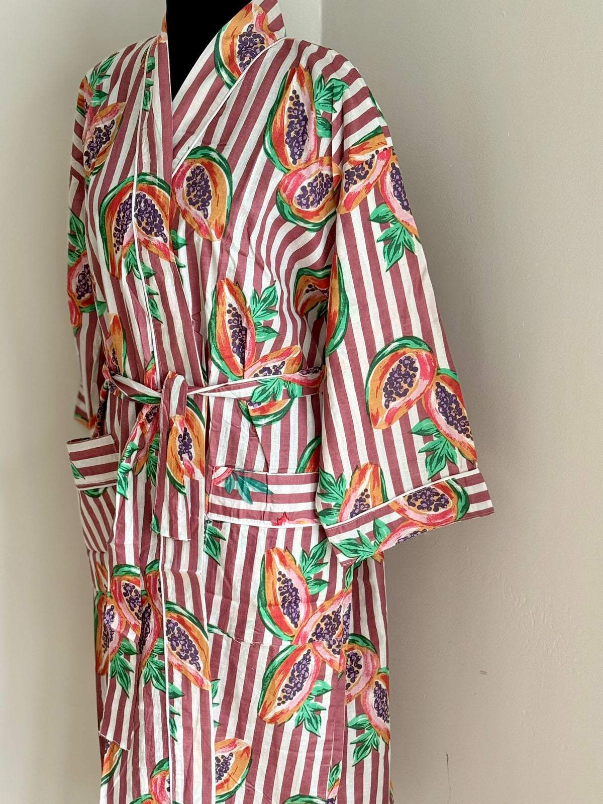 Slate Grey & White Stripe Cotton Kimono | Pomegranate Motif Block Print Spa Robe