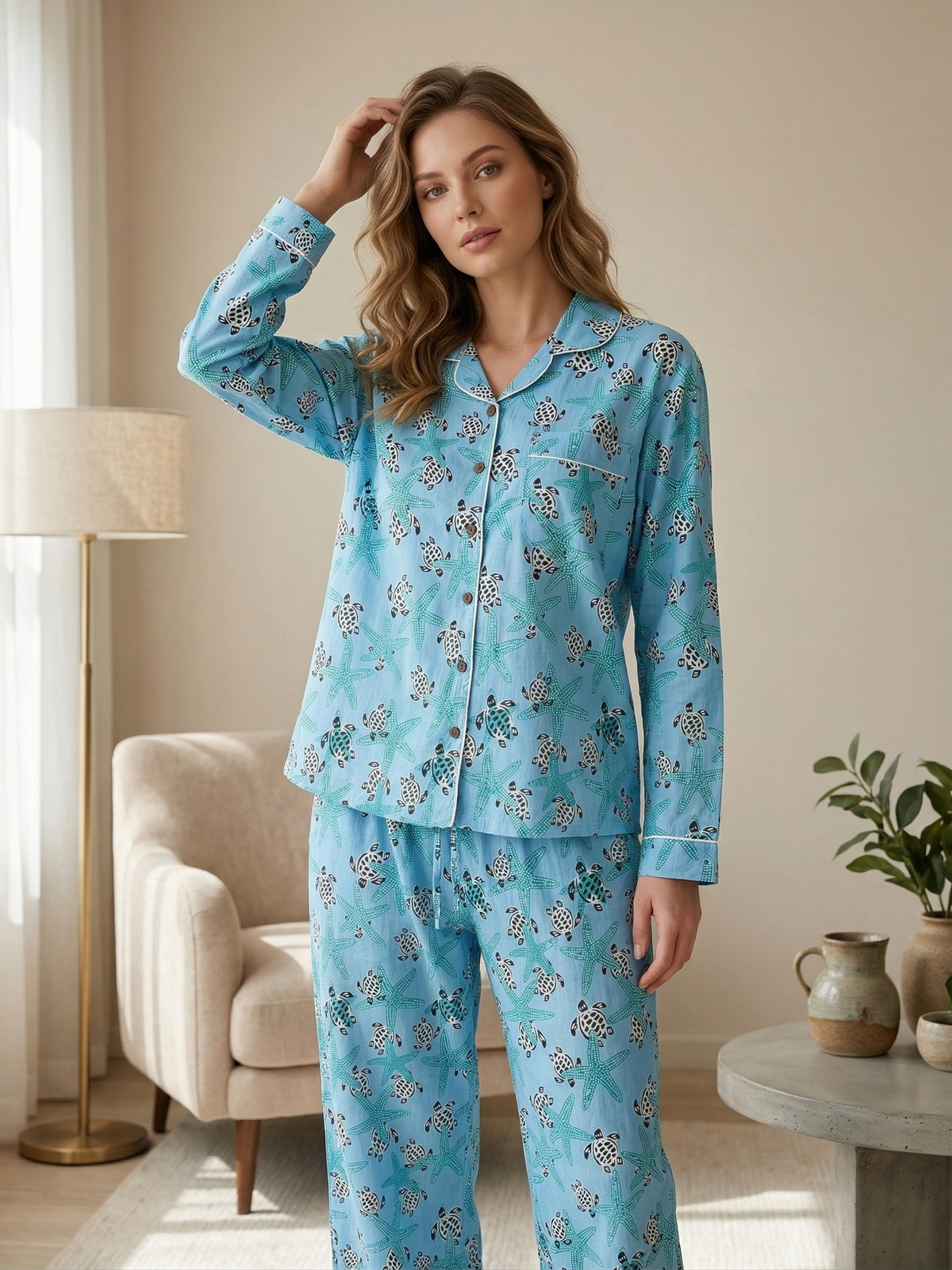 Sky Blue Sea Turtle & Starfish Print Cotton Pajama Set, Oceanic Coastal Sleepwear & Loungewear