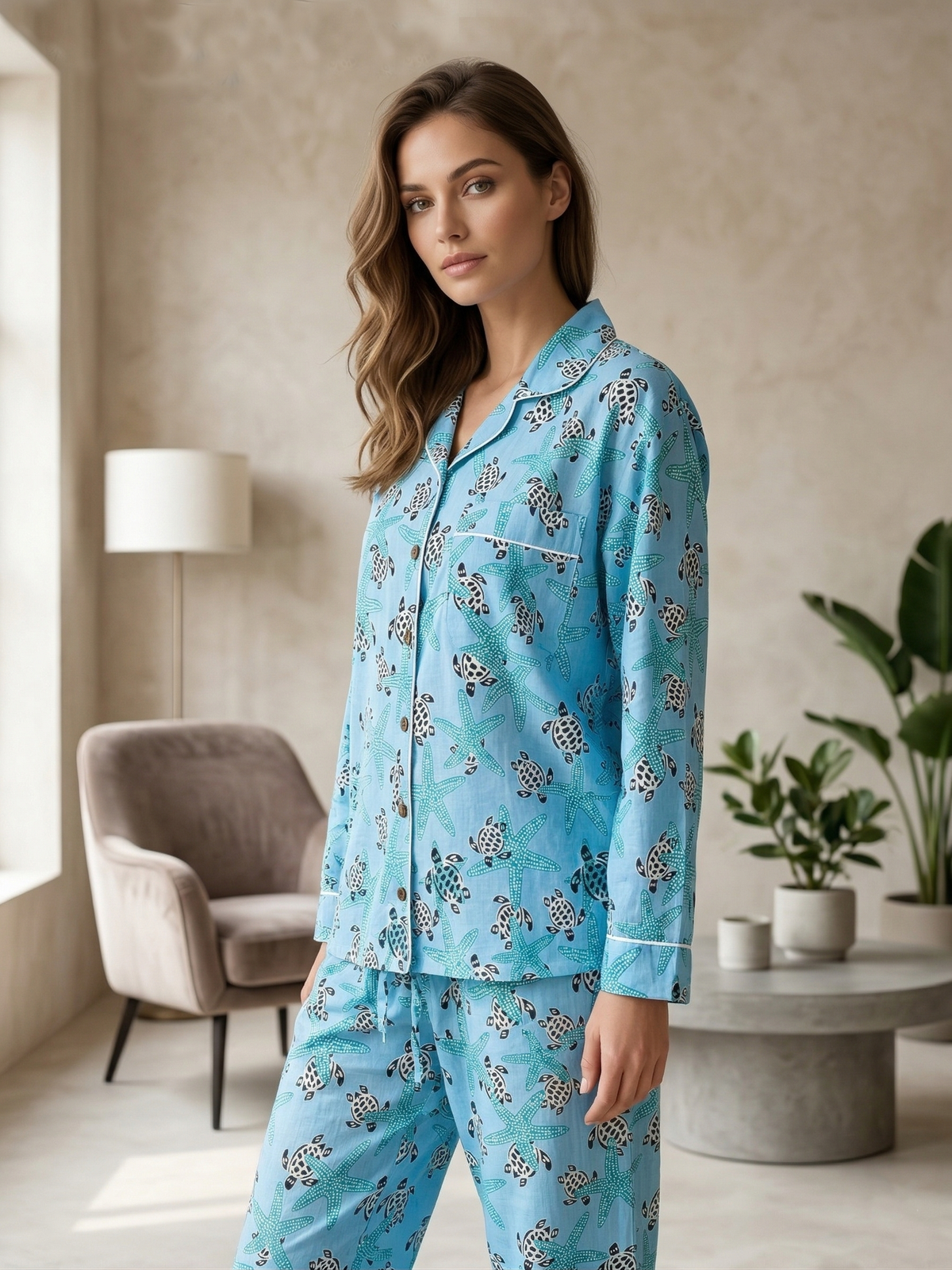 Sky Blue Sea Turtle & Starfish Print Cotton Pajama Set, Oceanic Coastal Sleepwear & Loungewear