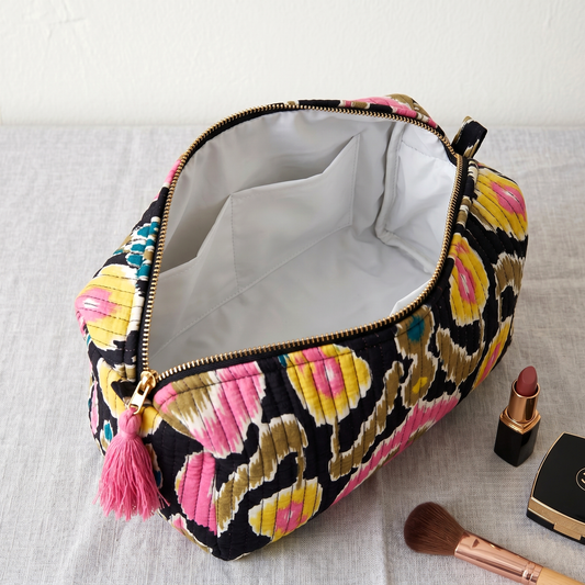 Set Of 3 Makeup Bag, Patola Ikat Print Cotton Travel Case, Quilted Cosmetic Storage Bag Set