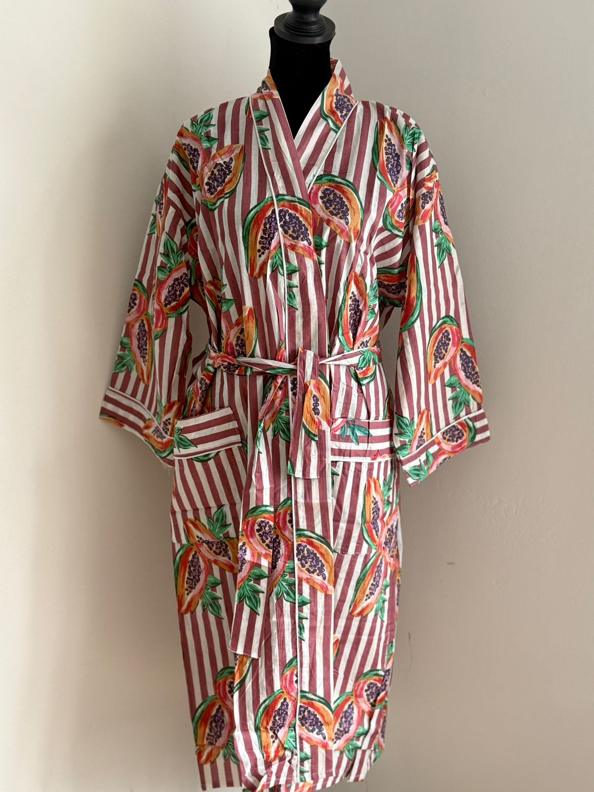 Slate Grey & White Stripe Cotton Kimono | Pomegranate Motif Block Print Spa Robe