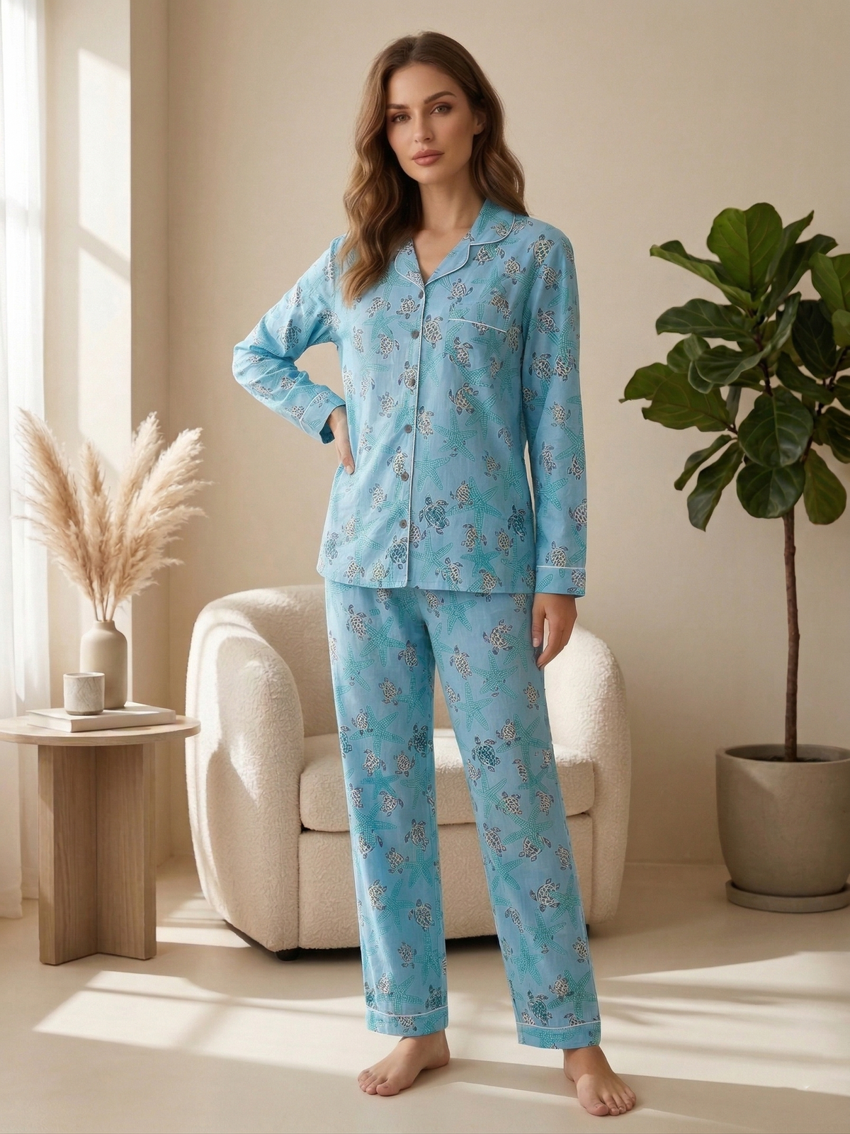 Sky Blue Sea Turtle & Starfish Print Cotton Pajama Set, Oceanic Coastal Sleepwear & Loungewear