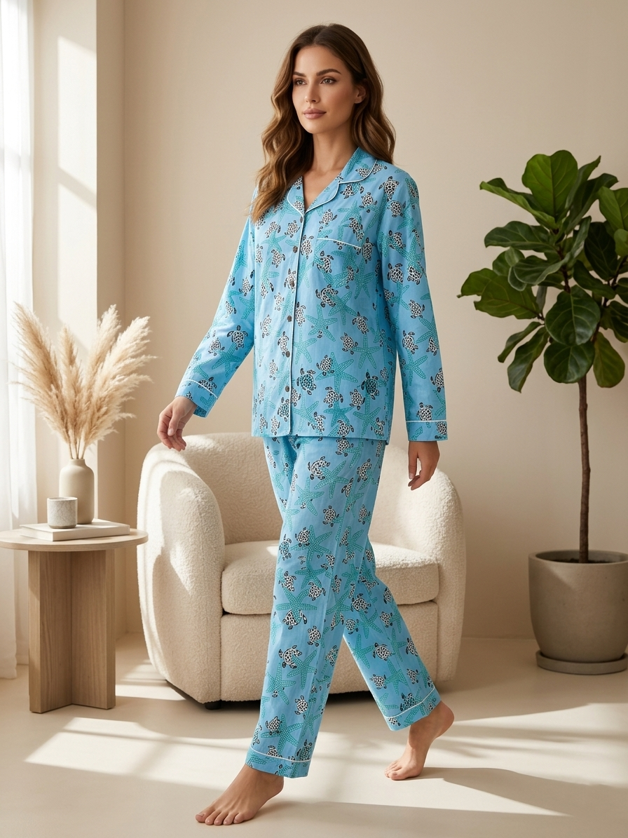Sky Blue Sea Turtle & Starfish Print Cotton Pajama Set, Oceanic Coastal Sleepwear & Loungewear