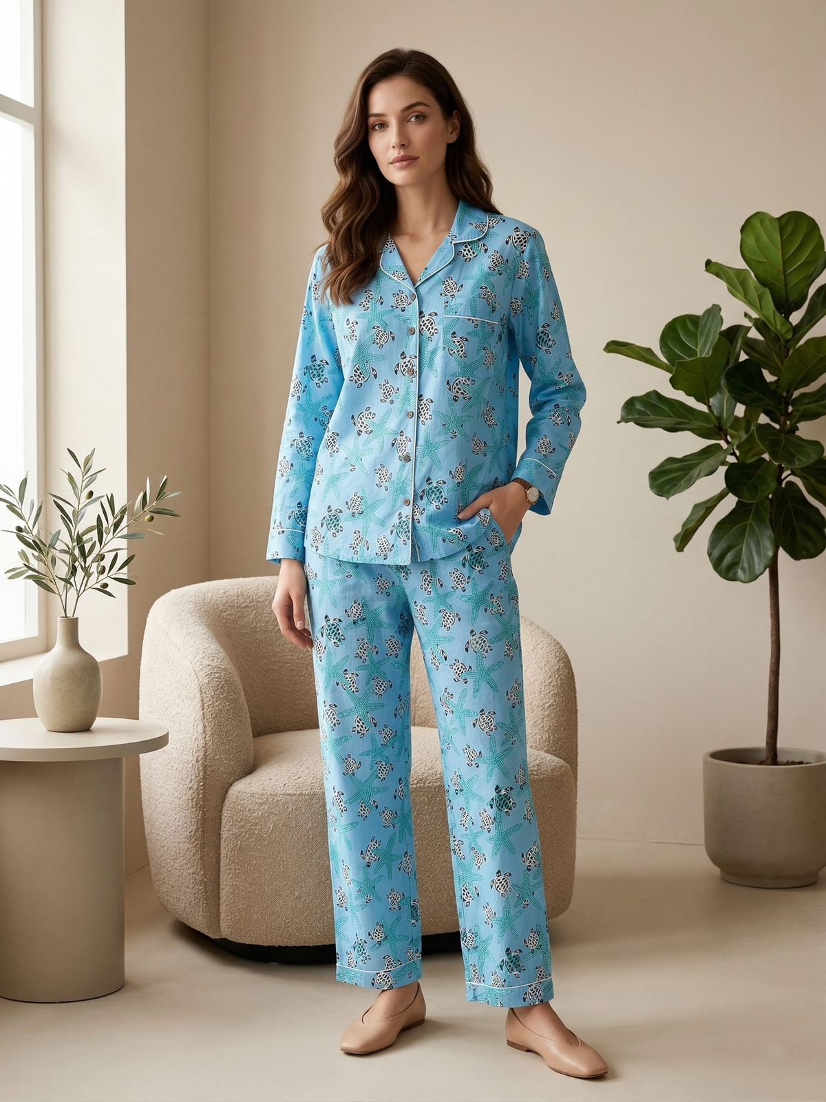 Sky Blue Sea Turtle & Starfish Print Cotton Pajama Set, Oceanic Coastal Sleepwear & Loungewear