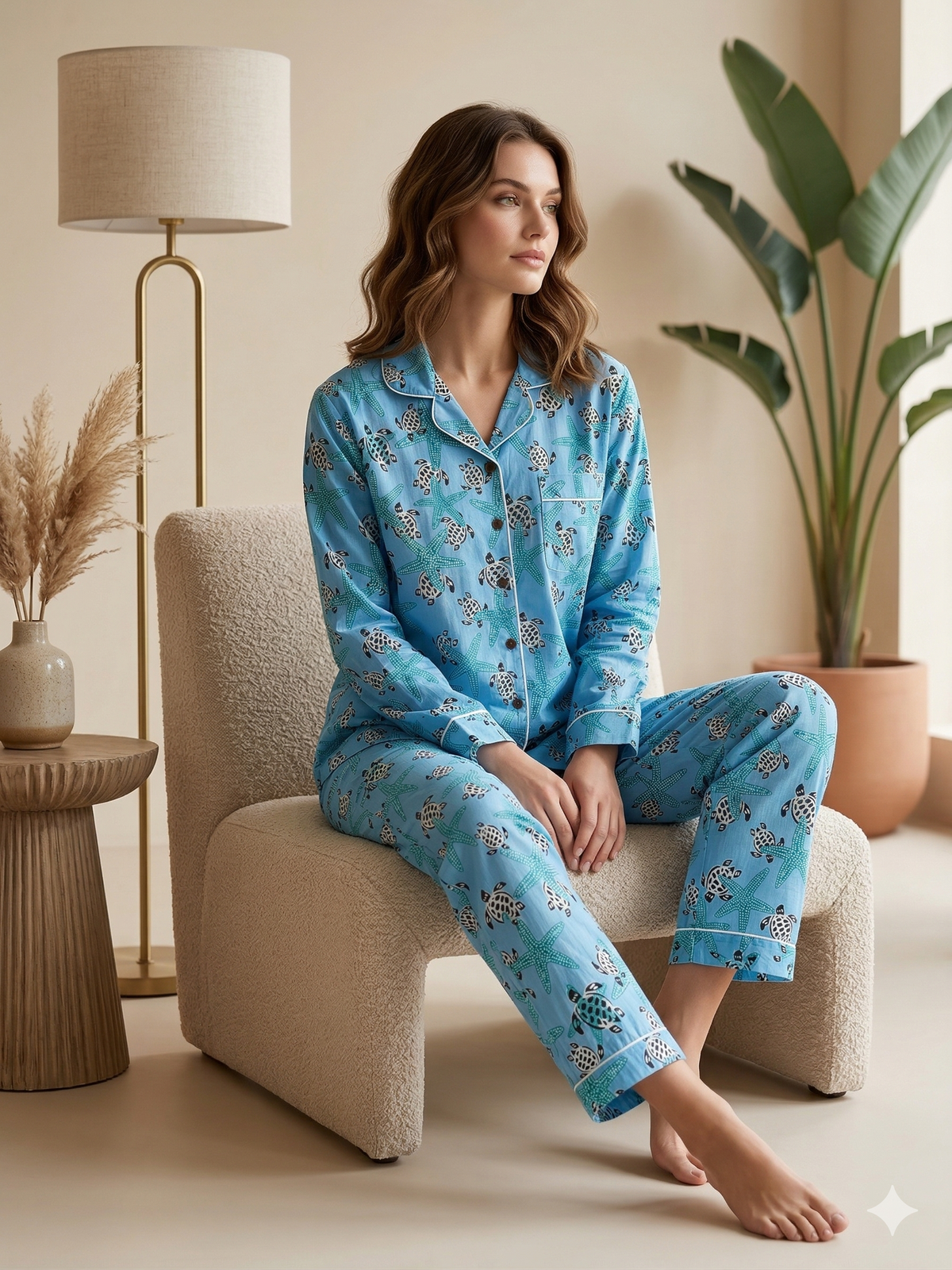 Sky Blue Sea Turtle & Starfish Print Cotton Pajama Set, Oceanic Coastal Sleepwear & Loungewear
