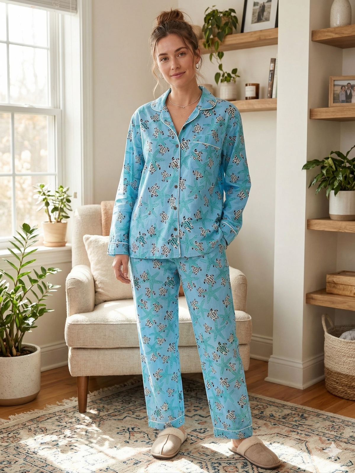 Sky Blue Sea Turtle & Starfish Print Cotton Pajama Set, Oceanic Coastal Sleepwear & Loungewear