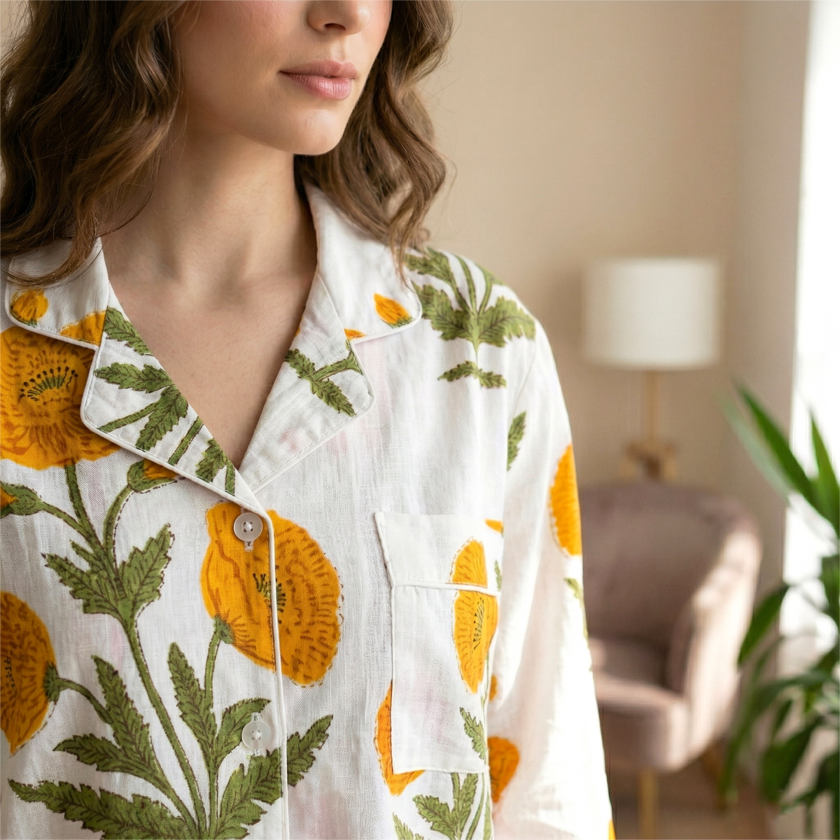 Yellow Floral Cotton Pajama Set Hand Block Print Ladies Lounge and Sleepwear