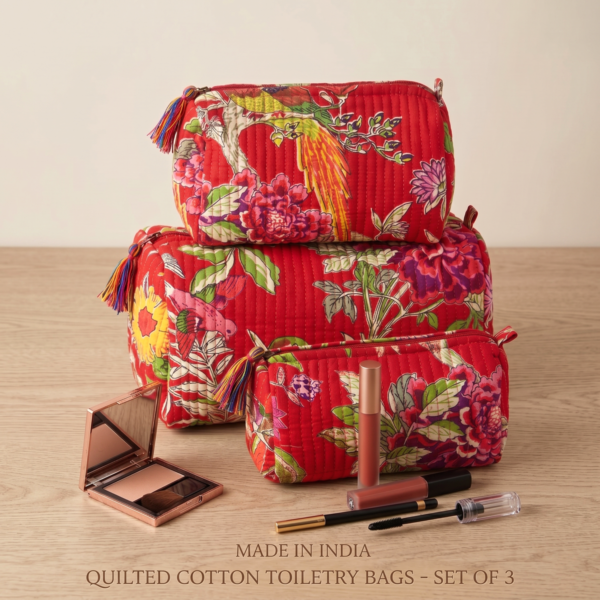 Set Of 3 Makeup Bag, Ruby Bloom Floral Block Print Cotton Travel Case, Quilted Cosmetic Storage Bag Set