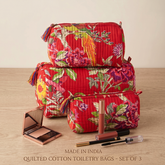 Set Of 3 Makeup Bag, Ruby Bloom Floral Block Print Cotton Travel Case, Quilted Cosmetic Storage Bag Set