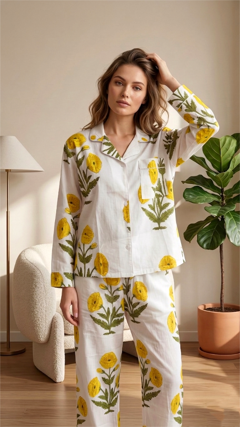 Yellow Floral Cotton Pajama Set Hand Block Print Ladies Lounge and Sleepwear