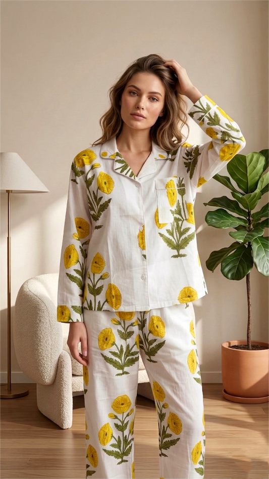 Yellow Floral Cotton Pajama Set Hand Block Print Ladies Lounge and Sleepwear