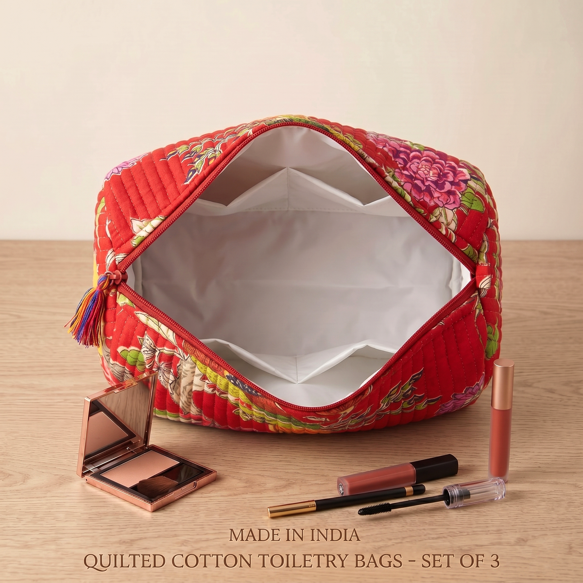 Set Of 3 Makeup Bag, Ruby Bloom Floral Block Print Cotton Travel Case, Quilted Cosmetic Storage Bag Set