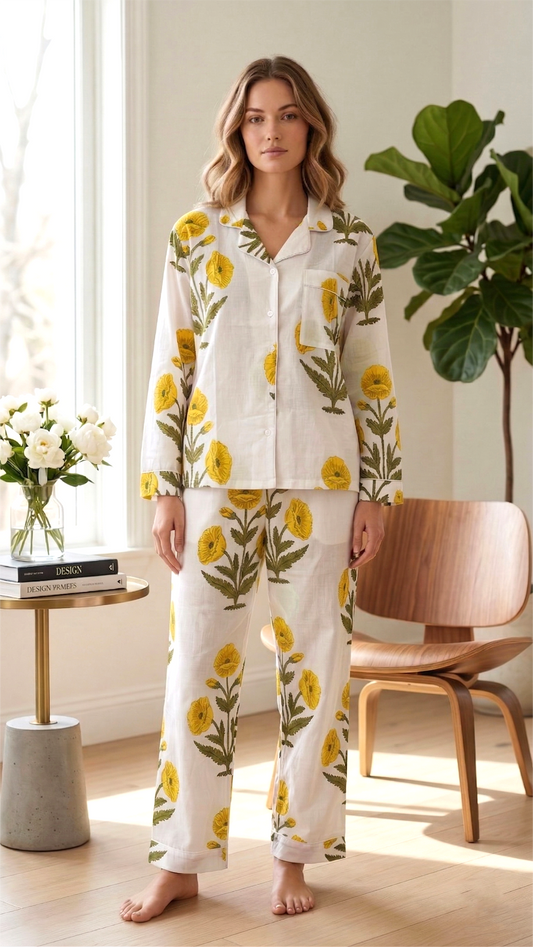 Yellow Floral Hand Block Print Cotton Pajama Set, Lounge and Sleepwear, Holiday Pajamas Set