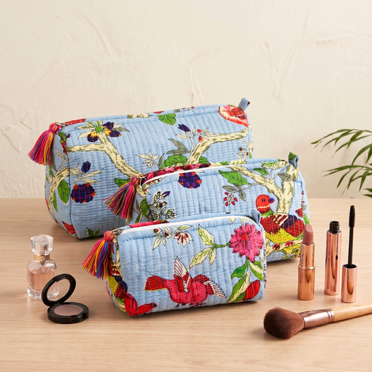 Set Of 3 Makeup Bag, Azure Bird Floral Block Print Cotton Travel Case, Quilted Cosmetic Storage Bag Set