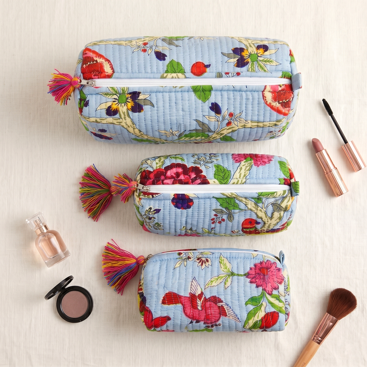 Set Of 3 Makeup Bag, Azure Bird Floral Block Print Cotton Travel Case, Quilted Cosmetic Storage Bag Set