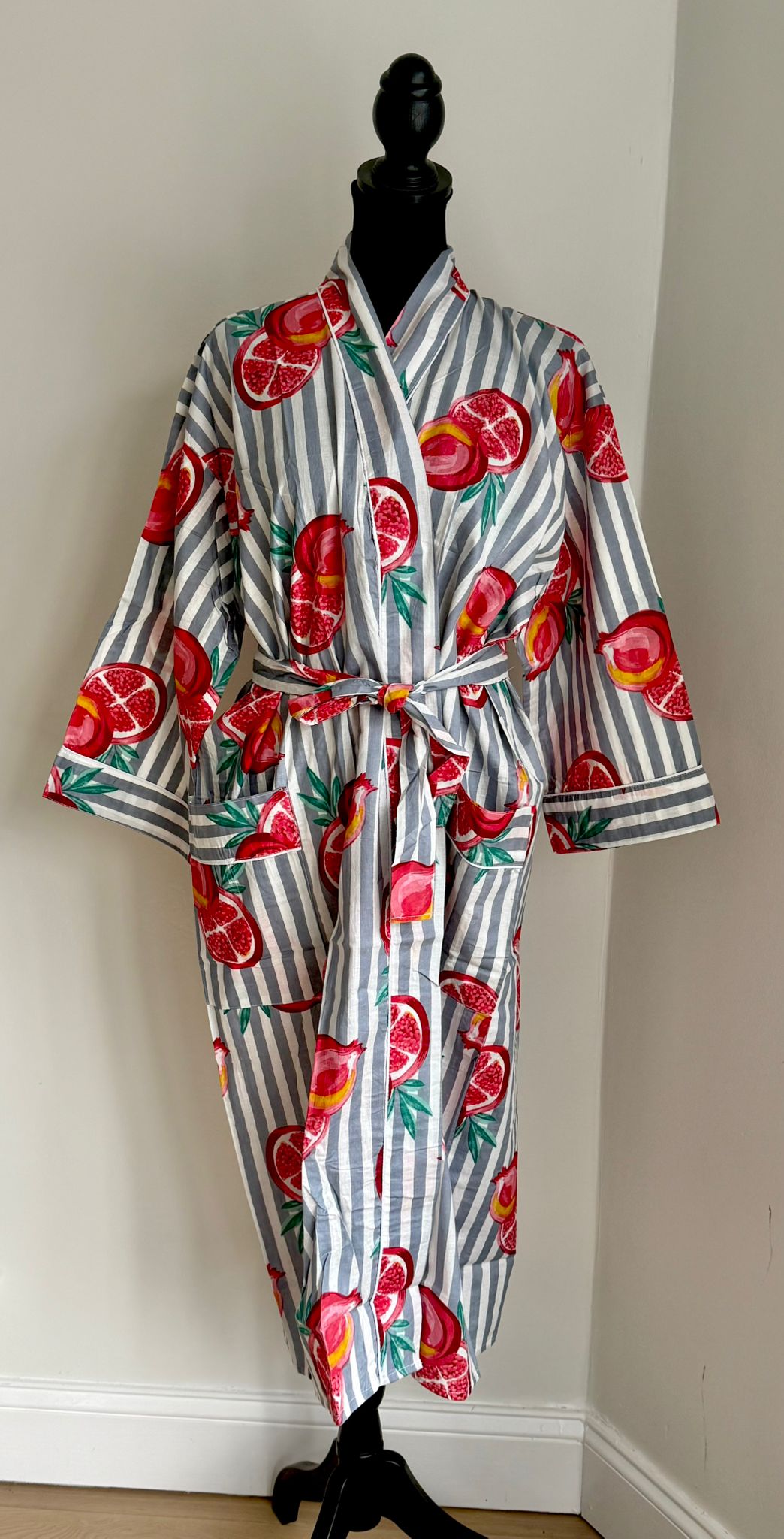 Slate Grey & White Stripe Cotton Kimono | Pomegranate Motif Block Print Spa Robe