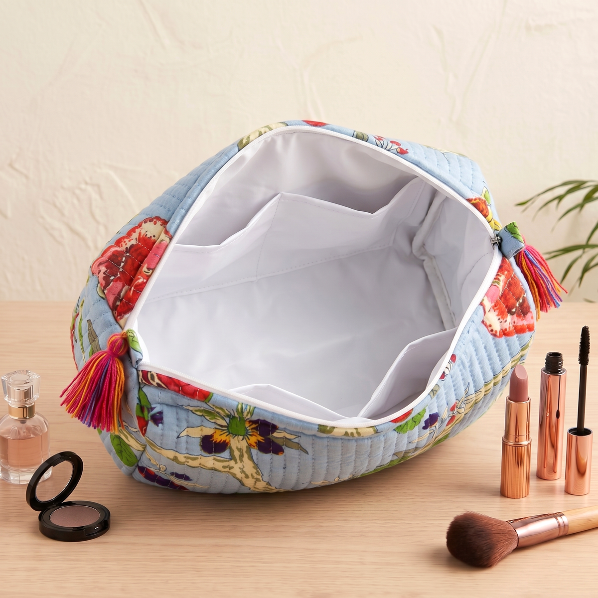 Set Of 3 Makeup Bag, Azure Bird Floral Block Print Cotton Travel Case, Quilted Cosmetic Storage Bag Set