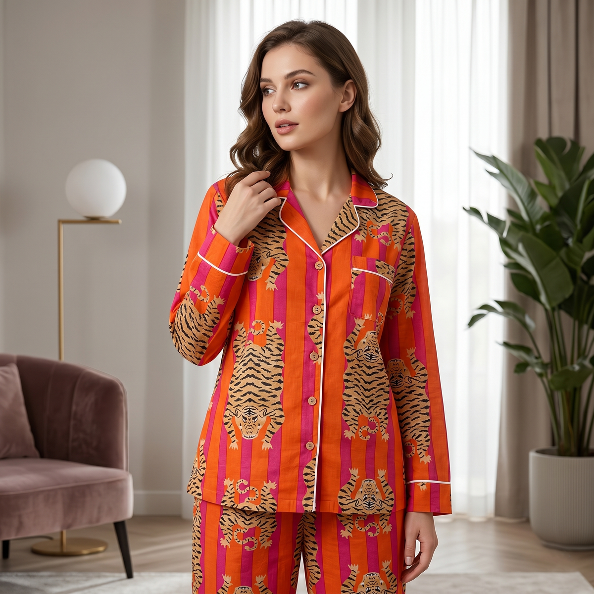 Orange & Pink Stripe Tiger Print Cotton Pajama Set, Wild Jungle Sleepwear & Loungewear