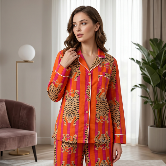 Orange & Pink Stripe Tiger Print Cotton Pajama Set, Wild Jungle Sleepwear & Loungewear