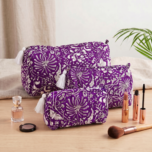 Set Of 3 Makeup Bag, Purple Dahlia Floral Block Print Cotton Travel Case, Quilted Cosmetic Storage Bag Set