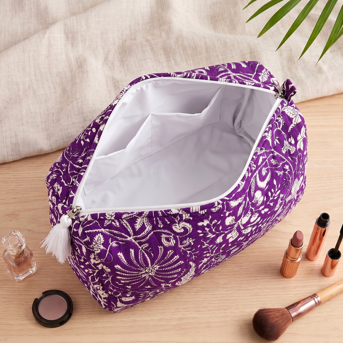 Set Of 3 Makeup Bag, Purple Dahlia Floral Block Print Cotton Travel Case, Quilted Cosmetic Storage Bag Set