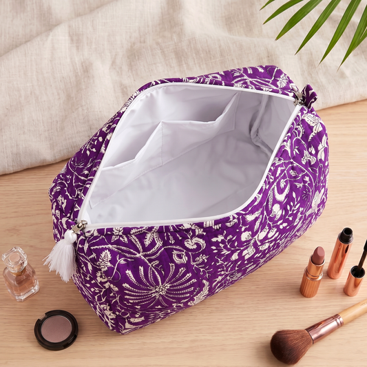 Set Of 3 Makeup Bag, Purple Dahlia Floral Block Print Cotton Travel Case, Quilted Cosmetic Storage Bag Set