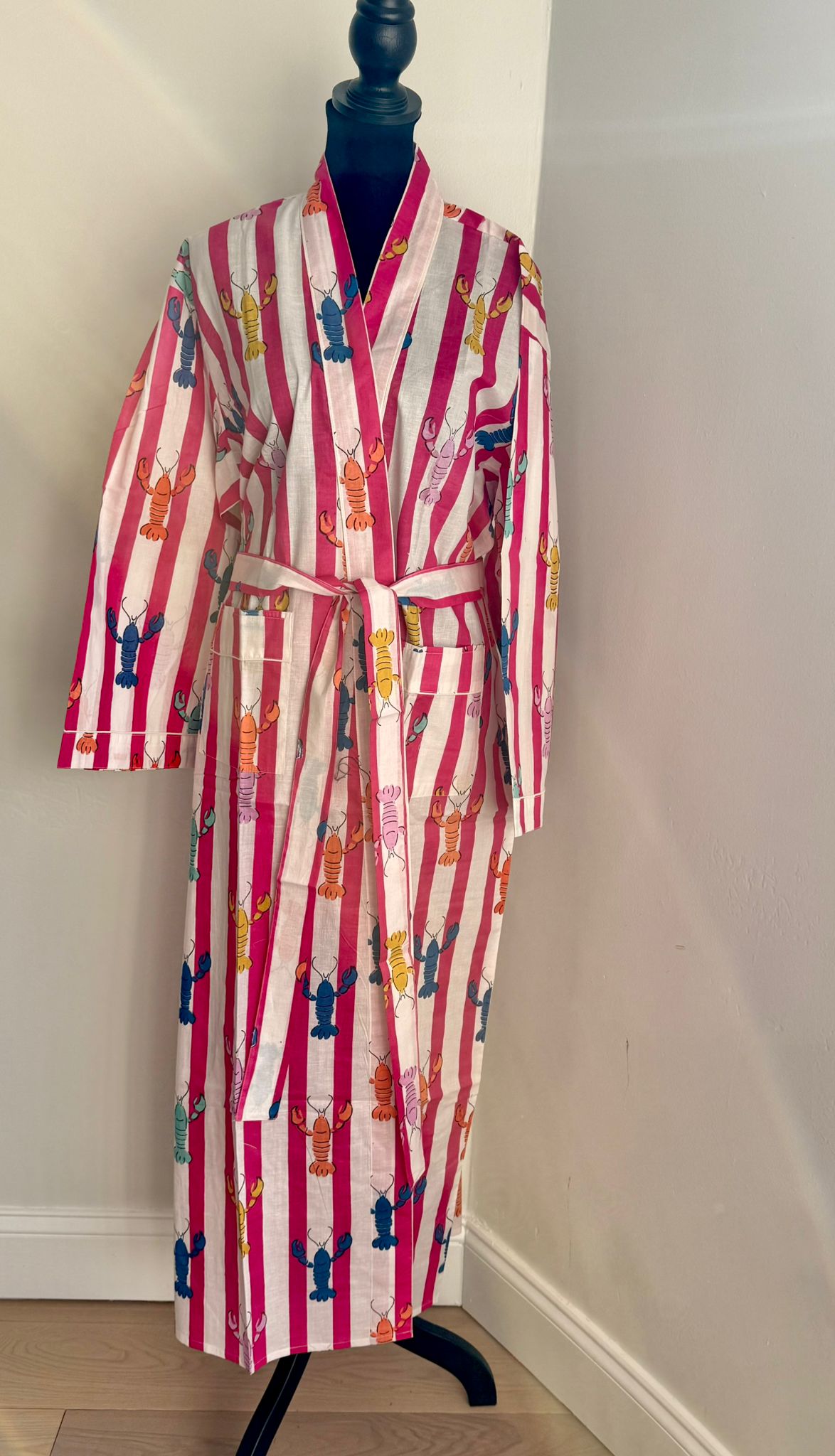 Hot Pink & White Striped Cotton Kimono | Multi-Colored Lobster Motif Lounge & Spa Robe