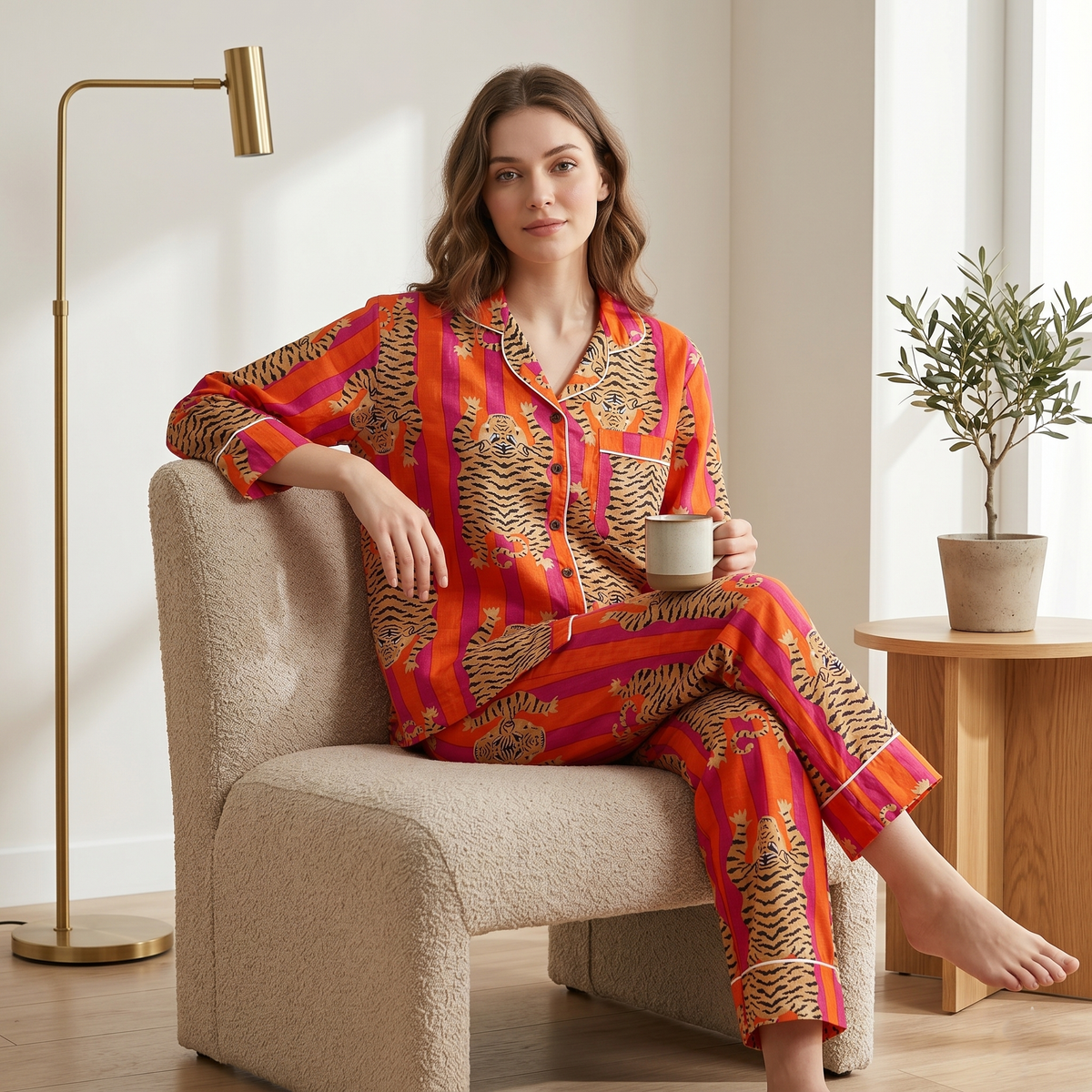 Orange & Pink Stripe Tiger Print Cotton Pajama Set, Wild Jungle Sleepwear & Loungewear