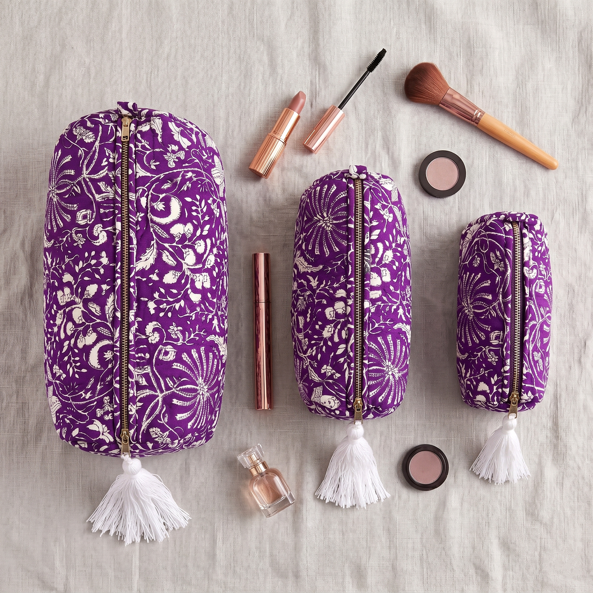 Set Of 3 Makeup Bag, Purple Dahlia Floral Block Print Cotton Travel Case, Quilted Cosmetic Storage Bag Set