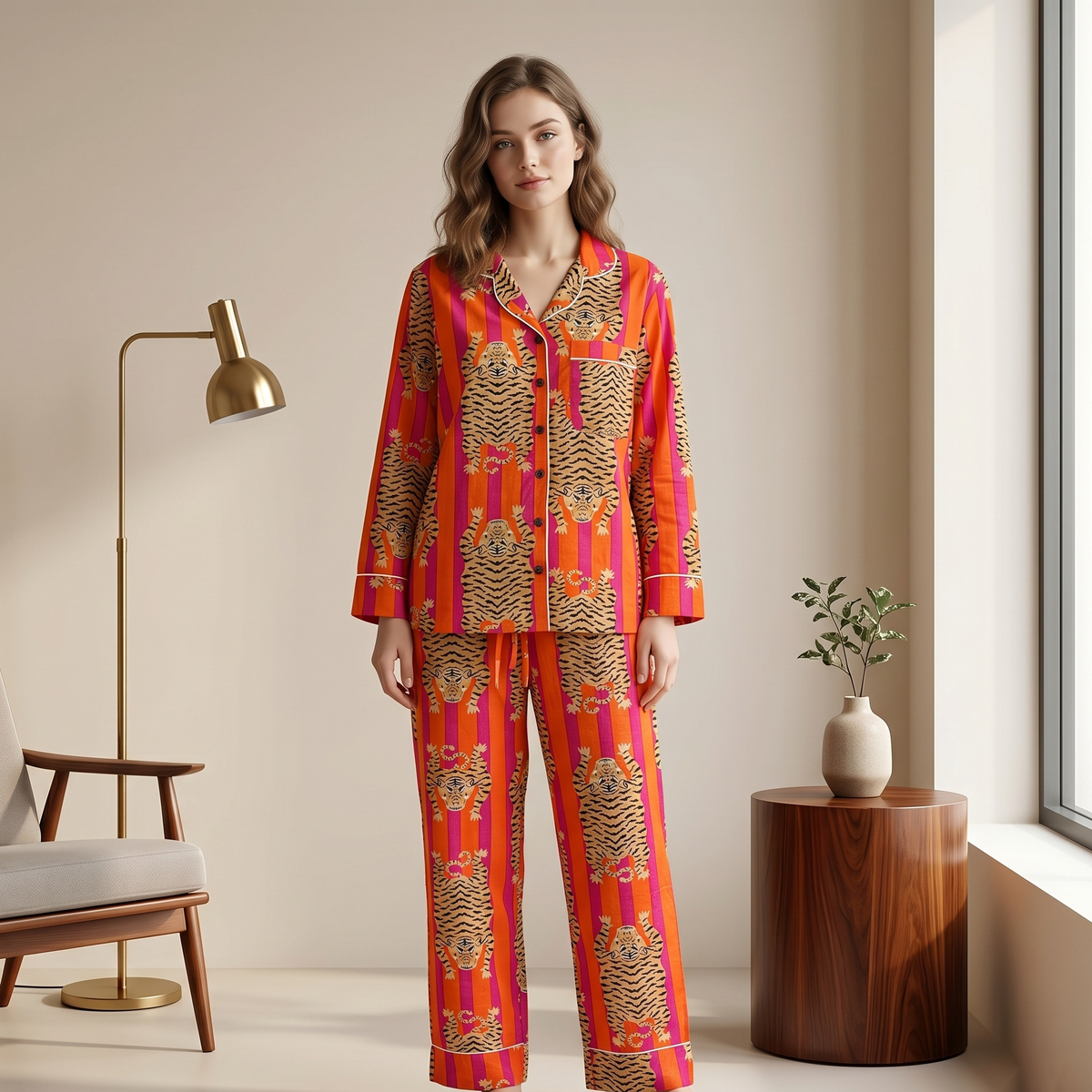Orange & Pink Stripe Tiger Print Cotton Pajama Set, Wild Jungle Sleepwear & Loungewear
