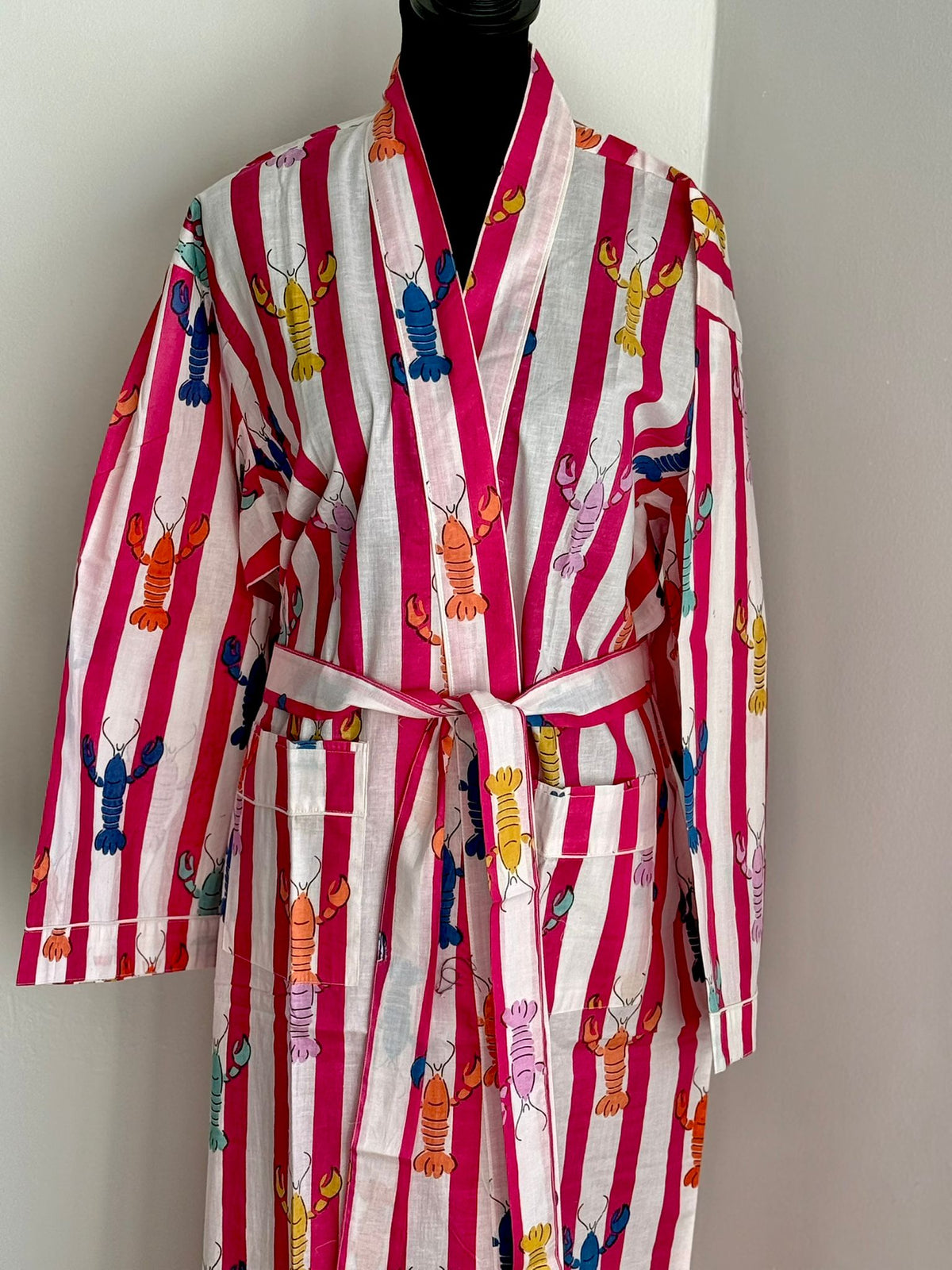 Hot Pink & White Striped Cotton Kimono | Multi-Colored Lobster Motif Lounge & Spa Robe