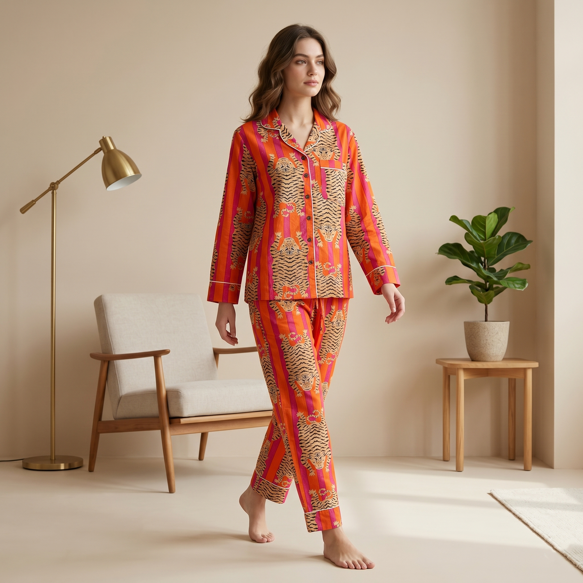 Orange & Pink Stripe Tiger Print Cotton Pajama Set, Wild Jungle Sleepwear & Loungewear
