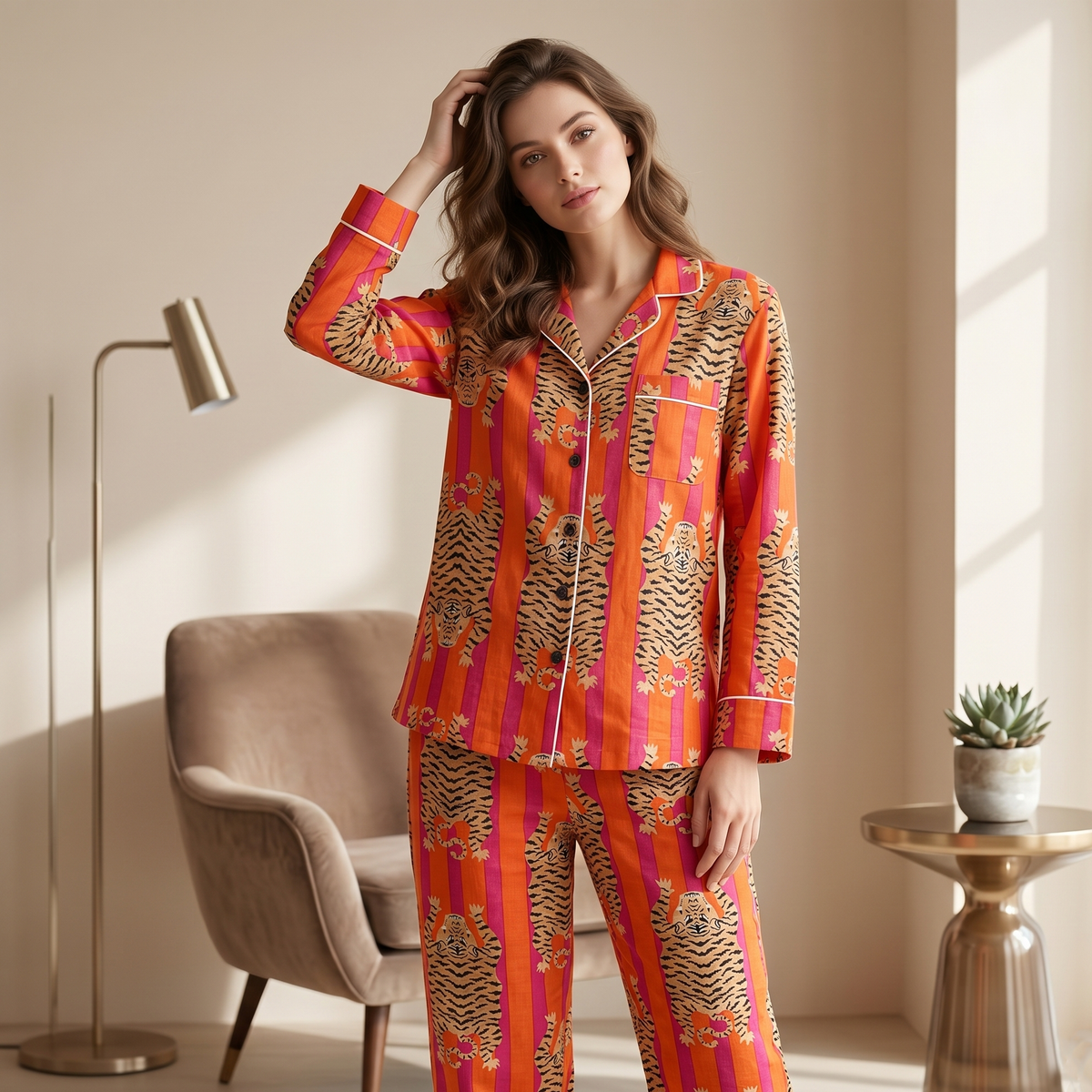 Orange & Pink Stripe Tiger Print Cotton Pajama Set, Wild Jungle Sleepwear & Loungewear